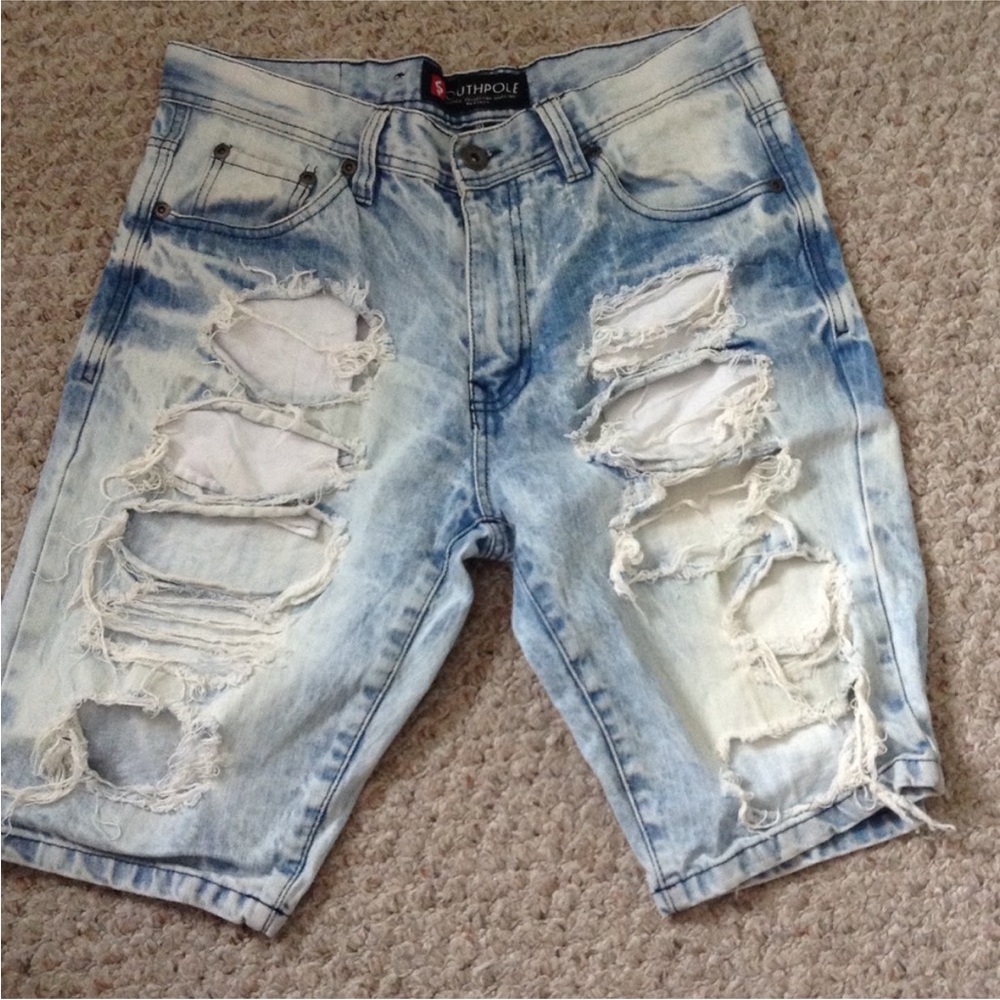 South Pole Light Blue Distressed Ripped Denim Shorts